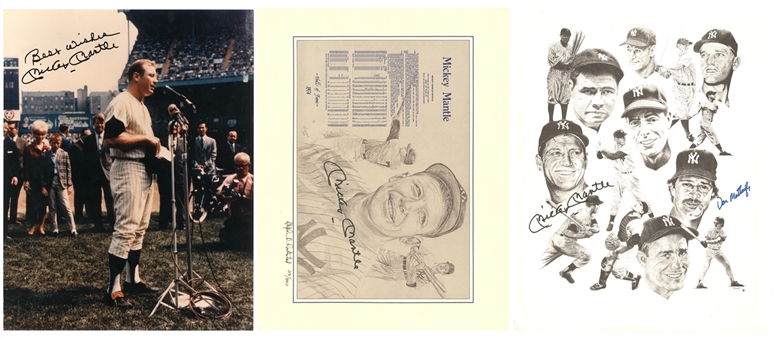 Mickey Mantle Signed 10x13 Trio Lot Including Limited-Edition 113/400 Lithograph (Beckett)